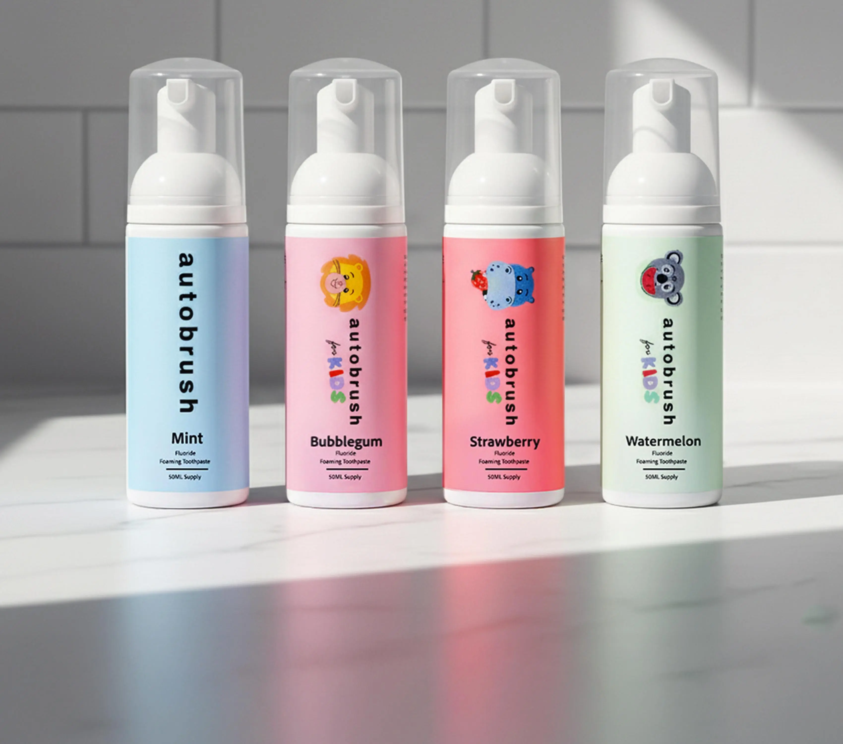 Autobrush Kids Foam Toothpaste Sampler | 4 Flavors: Mint, Bubblegum, Strawberry & Watermelon | Works with Any Toothbrush | Fluoride or Nano-HAp | Doubles as Mouthwash