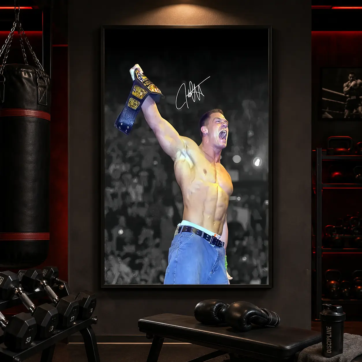 1 piece Frameless Canvas Painting Print Poster, Classic Realistic Art, John Cena Holding the Championship Belt, gift for wrestling culture enthusiasts, ideal gift for bedroom, living room, kitchen, dorm hallway, mural, Unframed Wall Art, wall decoration