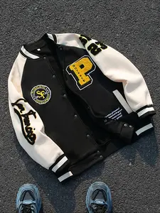Men Women Fall Winter Casual Sporty Jacket Letterman Jacket, Colorblock Letter Print Patchwork Round Neck Long Sleeve Baseball Coat, Fitted Button Front Outerwear, Casual Fashion Jacket