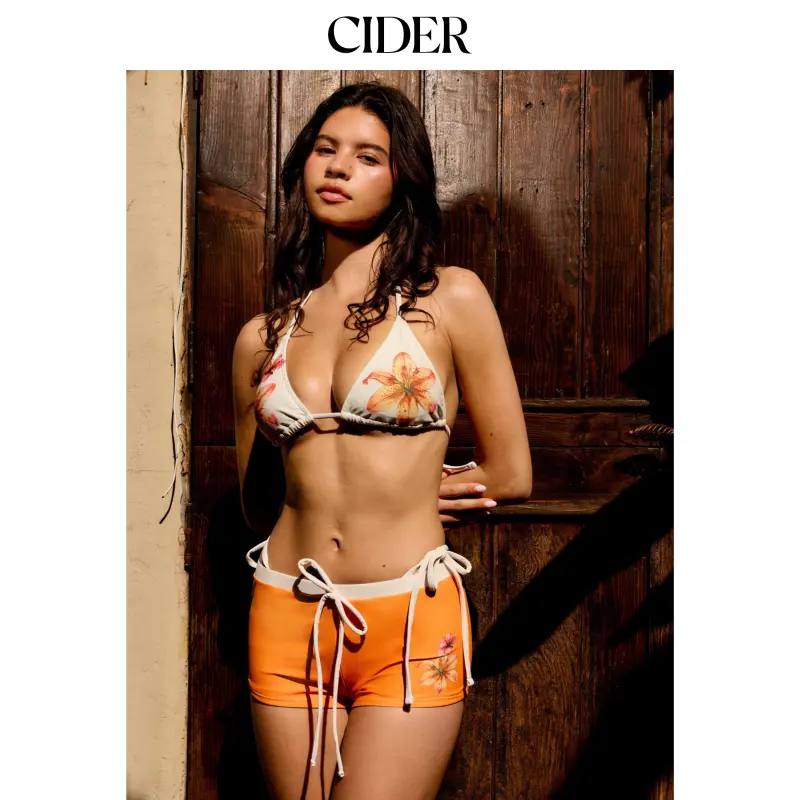 Cider Women's Floral Halter Triangle Bikini Set, 3 Piece Tie-Side Swimwear with Matching Cover Up Shorts, Bikini Style, Halter Bikini Sets, Side Ties