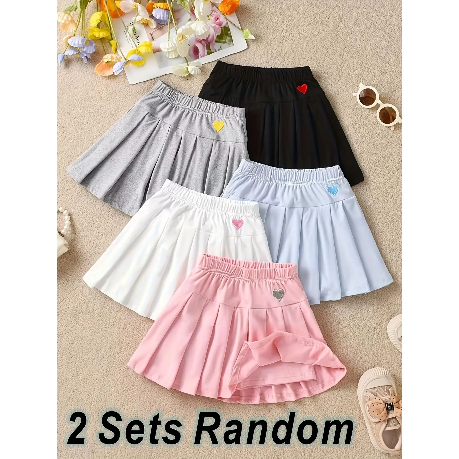 Athletic Skorts for Girls, 2-Piece Solid Polyester Pleated Set with Built-in Shorts, Multi-size, 2-Pieces, Sporty Chic, Fitted, 1-2Y, 3-4Y, 4-5Y