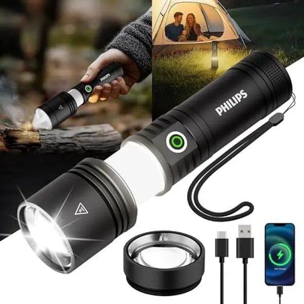 Philips Rechargeable Laser Emergency LED Flashlight - High Lumen, Luminous, Long Range, Portable, Ultra-Long Endurance, Adjustable Lamp Head, Batteries Included, for Outdoor Camping & Home Use (Home Improvement, Outdoor Lighting), High Lumen Flashlights