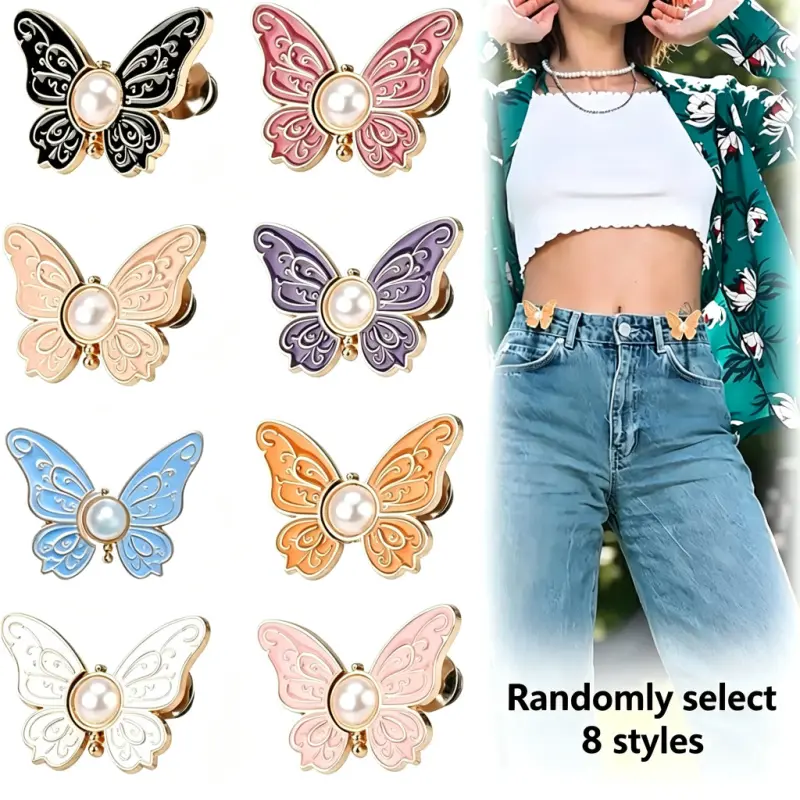 8-piece set of reusable butterfly waist adjustment pins, decorative belt buckles, accessories for loose-fitting jeans and skirts, summer-inspired, everyday fashion essentials