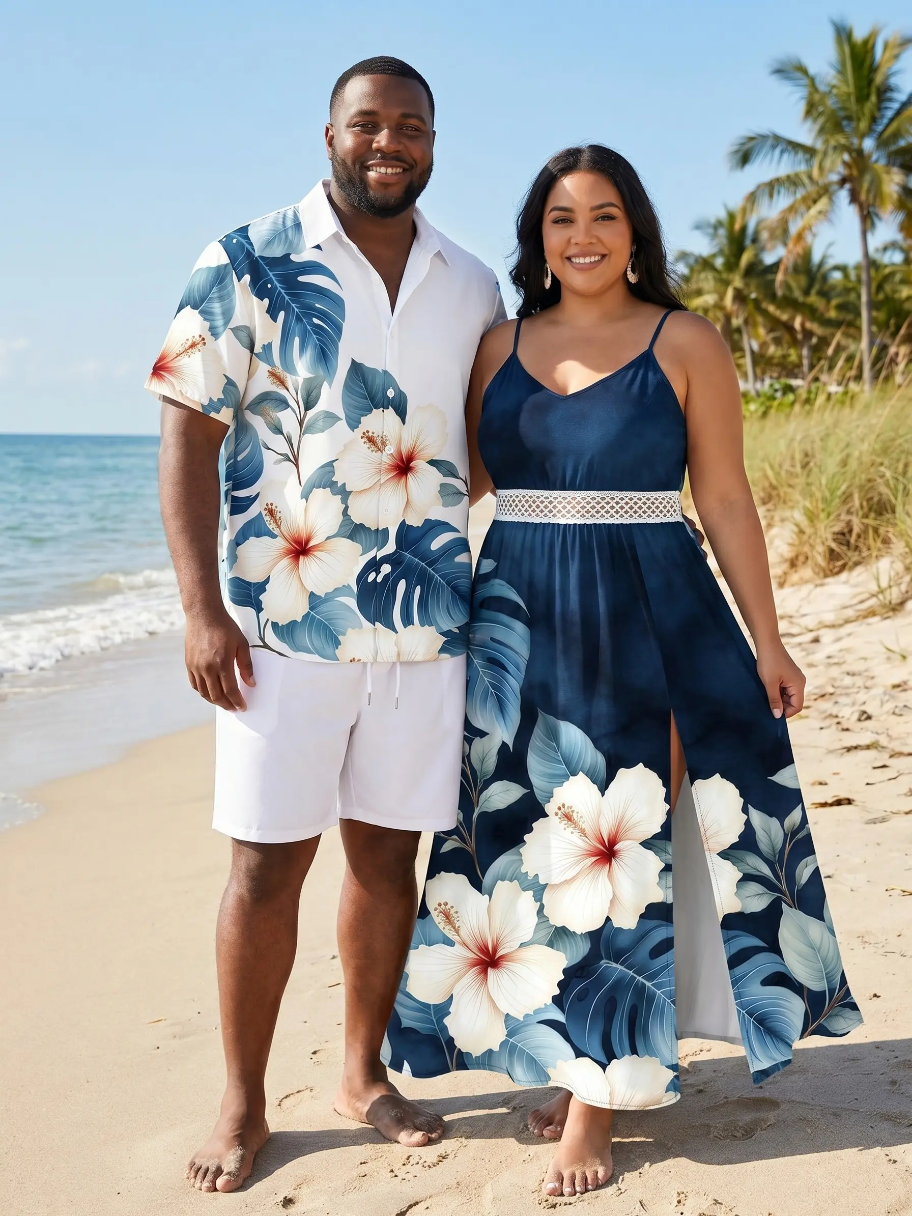 Two-Tone Vacation Couple Matching Outfits Tropical Hibiscus Floral Print Side Slit Lace Hollow Out Maxi Dress and Short Sleeve Shirt Set Womenswear Clothes Suits