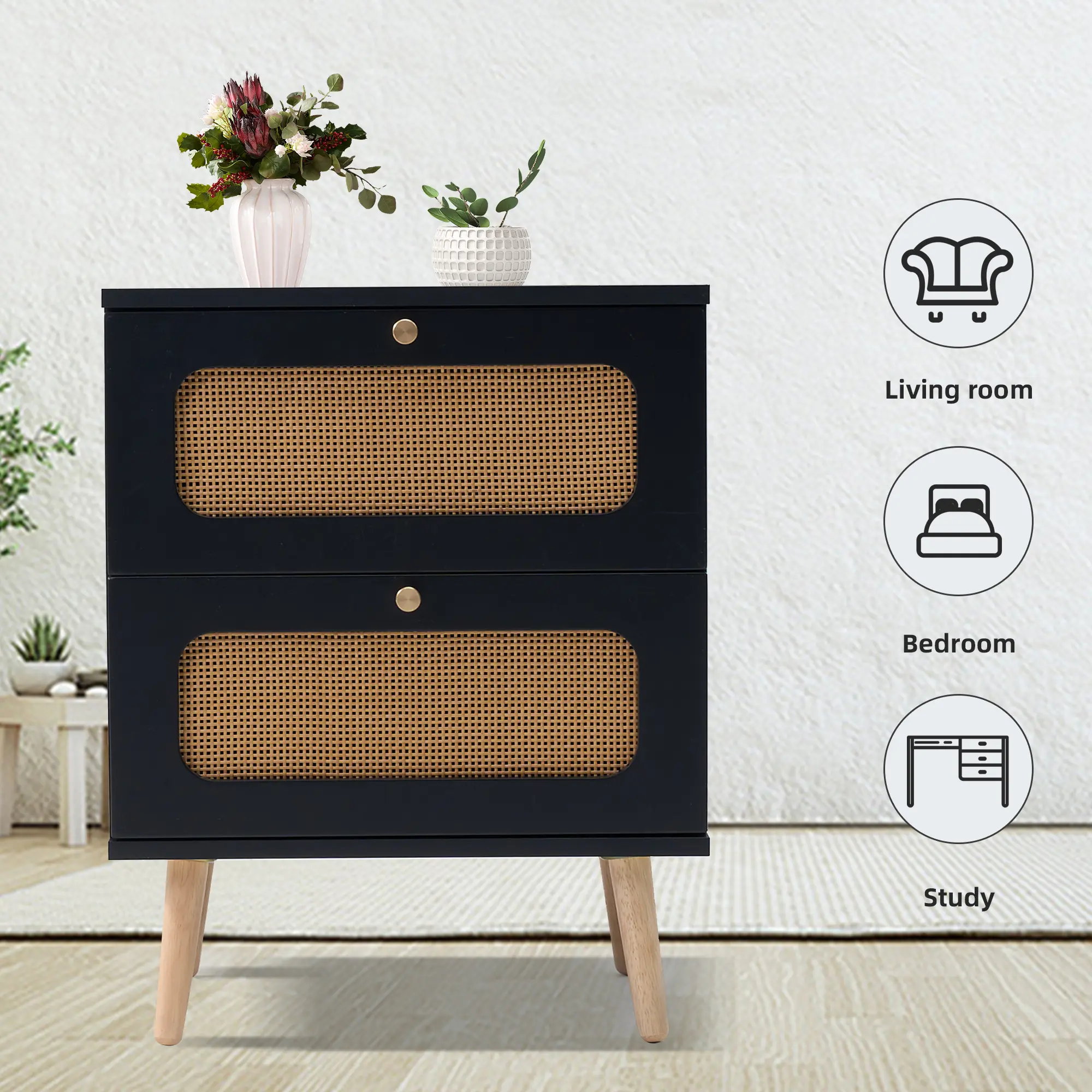 Coastal 2-Drawer Natural Rattan Nightstand with Solid Legs, Mid-Century Indoor End/Side Table, 50lbs Weight Capacity, Handmade Weave Drawers, Assembly Required, Includes Screws