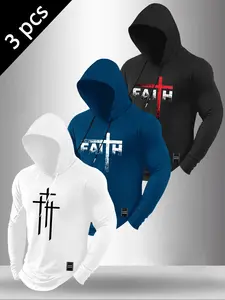 Men's Christian Faith Hooded Long Sleeve, Compression Fit Cross & "Faith" Print Athletic Shirts, Gym Workout Streetwear Tops Athletic Hoodies #ChristianAthletic #CompressionShirt #FaithInspiredGym #WorkoutHoodie #TikTokMadeMeBuyIt