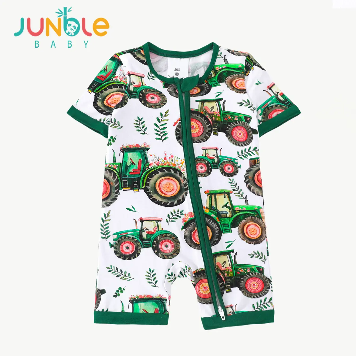 Junblebaby Bamboo Baby Shorty Romper | 2-Way Zipper Green Tractor Print Summer Pajamas | Cute Infant Short Sleeve Sleepsuit, Baby Items, Regular, 12-18M, 95% Bamboo Fiber 5% Spande, Unisex, Baby Clothing, Romper Suit
