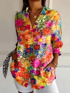 Women's All Over Floral Print Button Front Shirt, Casual Longsleeves Blouse for Daily Wear, Ladies Clothes for All Seasons, Womenswear, Casual Trendy Boho