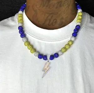 Iced Bling Disco Ball Rhinestone Pollyanna Crystal Bead Baseball Softball Necklace Yellow, Royal Blue + Lightning Pendant