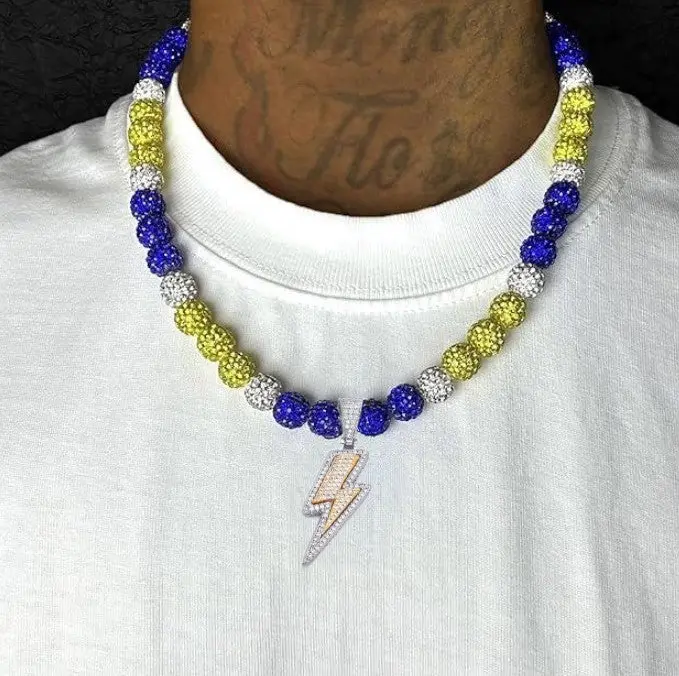 Iced Bling Disco Ball Rhinestone Pollyanna Crystal Bead Baseball Softball Necklace Yellow, Royal Blue + Lightning Pendant