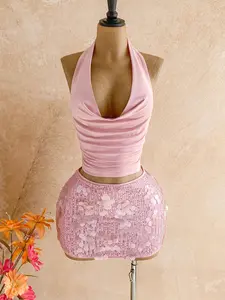 Women's Lightweight Comfortable Pink Sequin 2-Piece Set - Glam Sparkly Top, Mini Skirt, Festival, Beach, Party Outfit