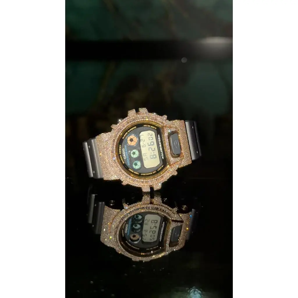 G-Shock DW6900 4.55CT Natural Round/Baguette Diamond Yellow Bezel All Black Men Watch