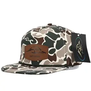 Leather Patch Green and Brown Camo Vintage Rope Old School Hat Snapback Cap Weatherproof Adjustable