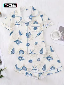 Summer Vacation Style Conch Starfish Sleepwear Pajama Loungewear Set, Blue Short Sleeve Shorts, Outdoor Casual Everyday Womenswear Home Wear, Party, Homewear