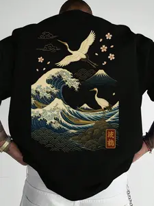 1 Piece Men‘s Japanese Ukiyo-e T-Shirt, Flying Crane Wave & Mount Fuji Back Print, Artistic Black Tee for Japan Culture Enthusiasts and Casual Street Style