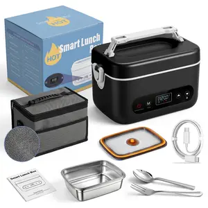 Cordless Heated Lunch Box with Lid, Leakproof Insulated Stainless Steel Tableware Container, 12000mAh Battery, 220°F Max Warmer, Included Fork, Portable for Office & Car, Dishwasher Safe