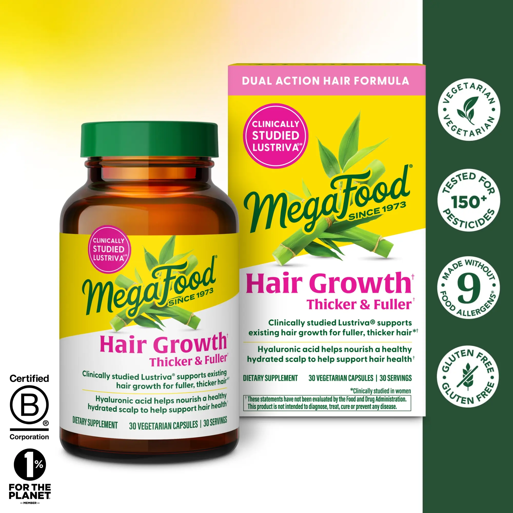 MegaFood Hair Growth - Clinically Studied Lustriva & Hyaluronic Acid - Biotin 100000mcg, Thicker & Fuller Existing Hair Growth Vitamins - 30 Vegetarian Capsules, 30 Servings