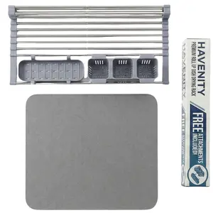 Havenity Expandable Roll Up Dish Drying Rack with a Drying Mat Combo Stainless Steel Over The Sink Dish Drainer with 2 Removable Baskets Gray 22.8''-12.8'' Foldable for Kitchen Counter
