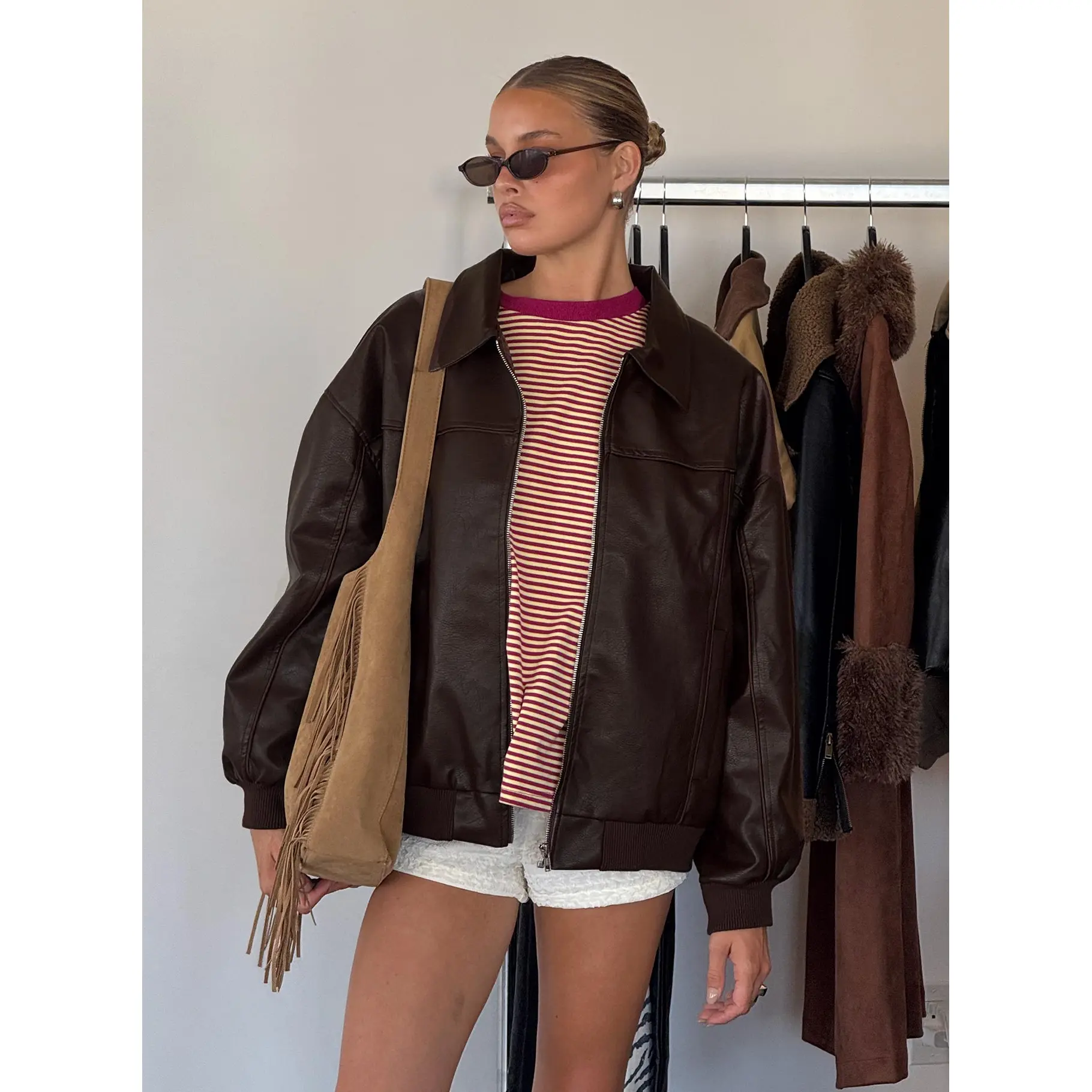 Goldsmith Faux Leather Bomber Jacket Brown