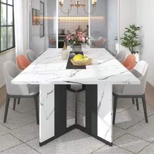71" Large Luxurious Rectangular White Dining Table - Marble-Color Wood Tabletop, Metal Adjustable Legs - Modern 6ft Table for 6-8-10 People, Ideal for Family Kitchen, Rustic Office