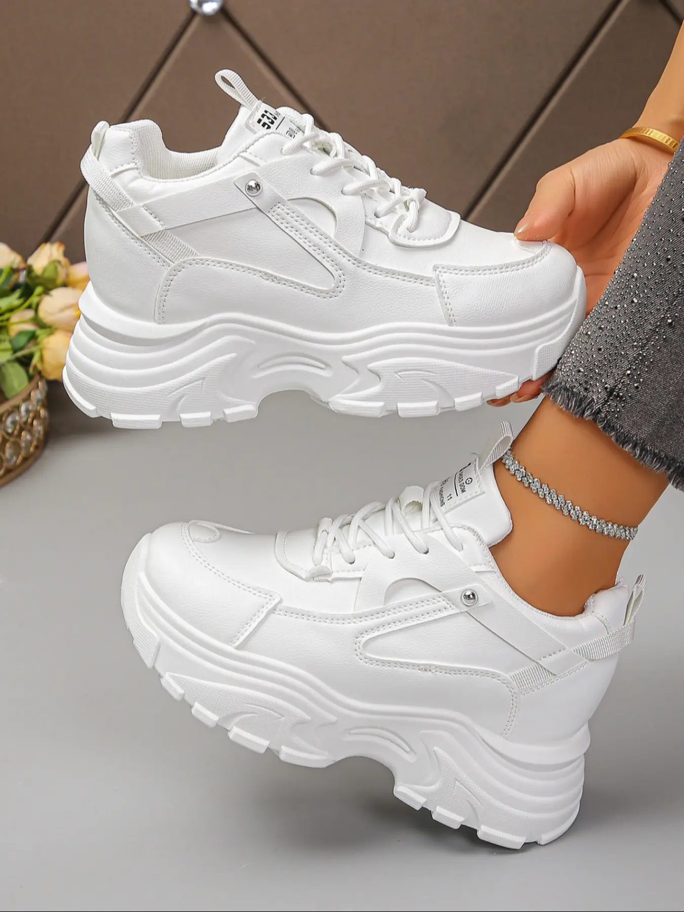 Women's Casual Athletic Wedge Round Toe PU Leather Sneakers, Height Increasing, 8cm Heel, Comfortable Fashion Shoes, Versatile Design for Daily Wear, Thick Soled Sporty All Seasons Sneakers, Fashionable Casual Sneakers