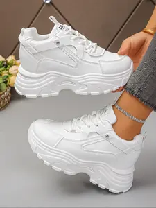 Women's Casual Athletic Wedge Round Toe PU Leather Sneakers, Height Increasing, 8cm Heel, Comfortable Fashion Shoes, Versatile Design for Daily Wear, Thick Soled Sporty All Seasons Sneakers