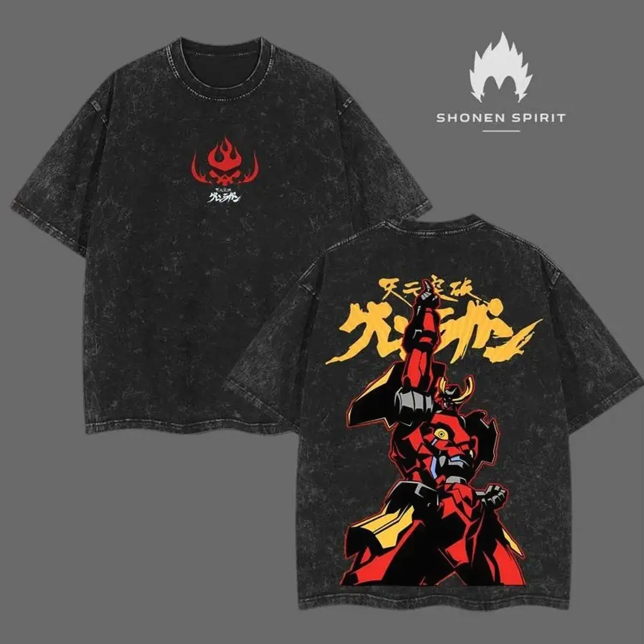Gurren Lagann Oversized Tee – Washed Heavyweight Cotton, Double Printed Kamina & Simon Mecha Graphic with Spiral Energy Aesthetic, Vintage Anime Streetwear for Mecha Fans, Oversize Shirt, Vintage Outfit, y2k Styles PHR