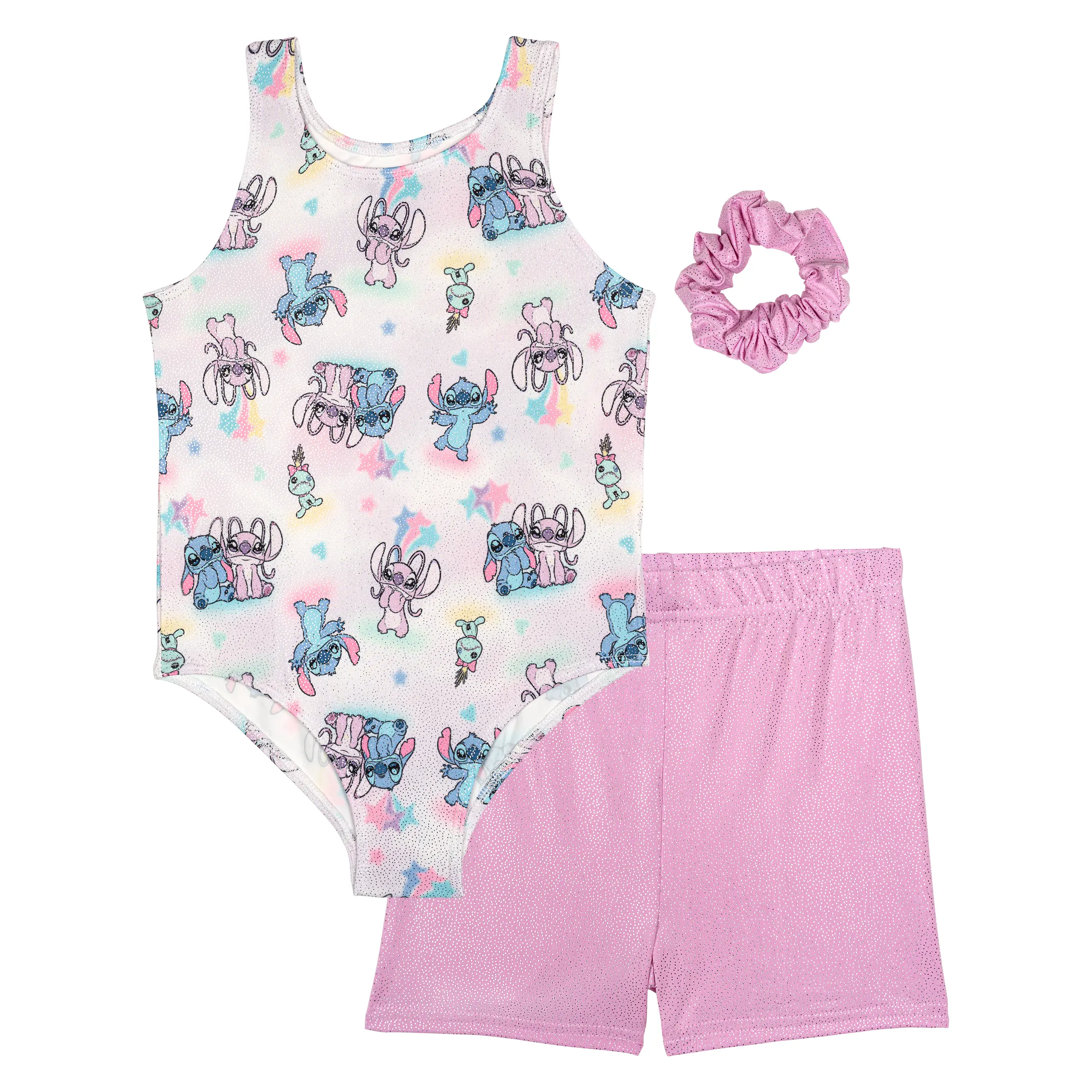 Disney Lilo & Stitch Girls' Sleeveless Gymnastics Outfit - Allover Print Foil Bodysuit, Shorts, 4-Way Stretch, Tagless Neck, Athletic Wear for Toddler to Big Kid (Pastel Angel), Sleeveless Top, Foil Fabric, Active Fit, 3 - 4 Years, Toddler Sizes, Active P