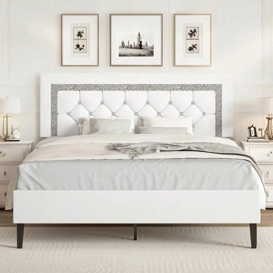 Upholstered    Headboard, Modern    Diamond Tufted Headboard, PU Leather  , No Box Spring Needed, Easy Assembly, White/ Black/ Pink, Twin/ Full/ Queen  frame with Size Gingham Daybed Trundle, Wood-Framed  Frames