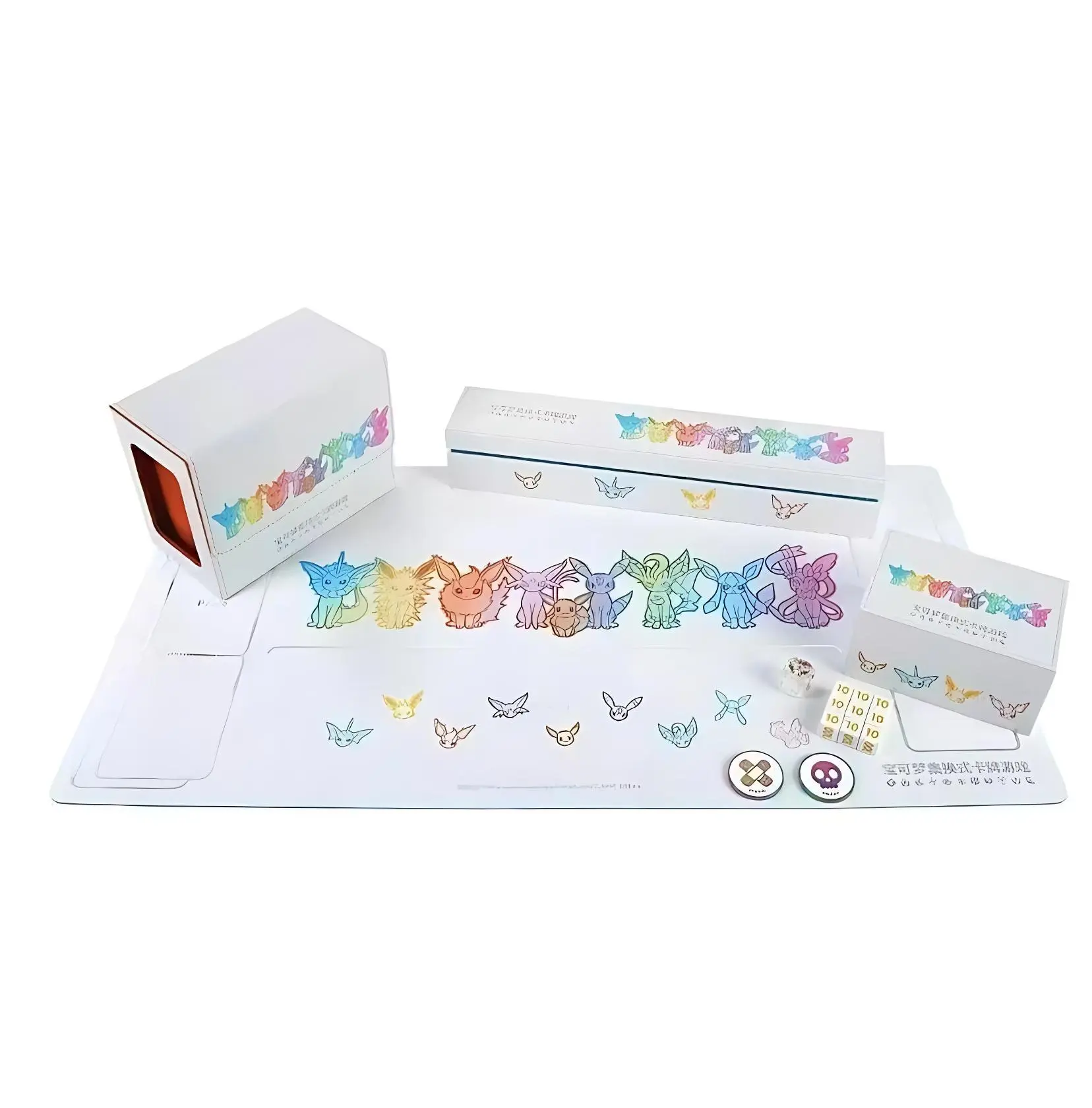 Pokemon Chinese Exclusive Eeveelutions Eevee Playmat Set with Storage Case Deck Box Status Coins & Damage Counters for TCG Enthusiasts