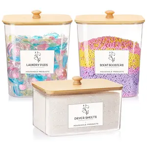 3-Pack Clear Laundry Storage Set with Bamboo Lids + 16 Labels | For Laundry Pods, Scent Boosters, Dryer Sheets #LaundryRoomGoals #ClearContainers #HomeOrganizing #TikTokHome #LaundryEssentials