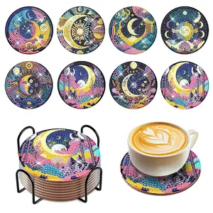 8Pcs/Set Mystical Moon Diamond Art Coasters with Holder,Mystical Moon DIY Coasters for Beginners,Adults,Students,Diamond Art Crafts Supplies,Christmas Party Gifts,Hand Tools Kits