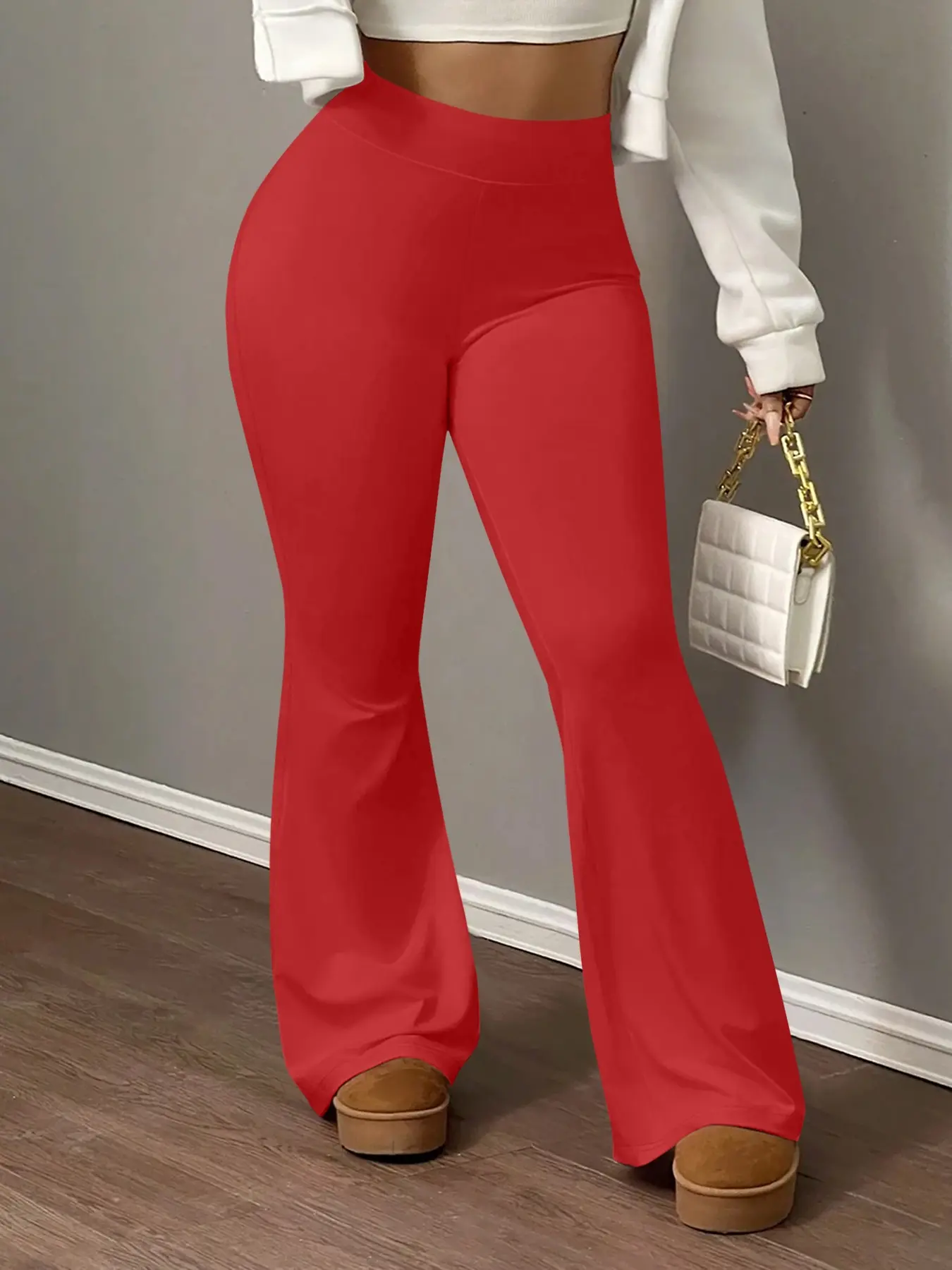 Women's Casual Chic Slim Fit Flare Bottom Pants, Bell Bottom Pants, Womenswear, Lady, Long Regular Length, Elastic Waist, Plain Pattern, Fabric, Spring Autumn Winter Home Wear, All Season Trousers