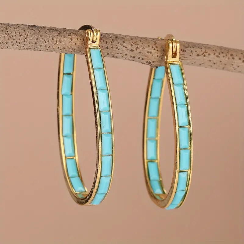 Turquoise Inlaid Gold Plated Oval Hoop Earrings for Women Lightweight Western Accessories