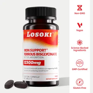 Losoki Iron Support 12300mg Ferrous Bisglycinate 20mg with Vitamin C B12 Folate Probiotics for Gut Health 60 Tablets Non-GMO Vegan GMP-Certified