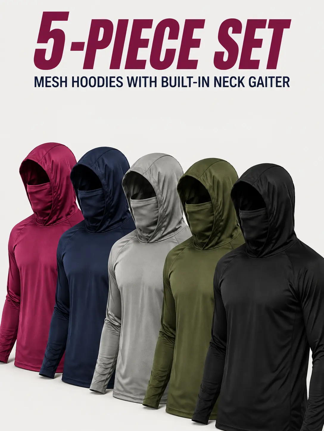 5 Pack Men's  Sun Protection Long Sleeve Hoodie Shirts with Built-in Face Mask Gaiter, Quick Dry Lightweight Breathable Moisture Wicking Athletic Workout Tops for Outdoor Fishing, Hiking, Running UV SPF Cooling Gym Fitness Rash Guard Tees