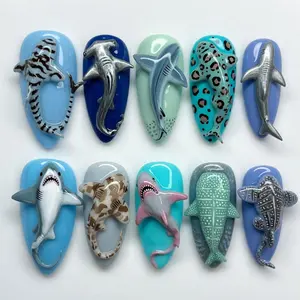 LB9- Ocean Shark Press-On Nails, 3D Hammerhead & Whale Shark Design, Aqua Blue Marine Theme, Bold Sea Life Nail Art, Summer Vacation Beach Holiday Nails