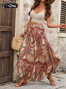 Women's Paisley Print High Waist Wide Leg Pants, Boho Elastic Waist Trousers for Beach Vacation Holiday, Ladies Bottoms for Summer Bohemian, Womenswear, Casual Bohemian Trousers