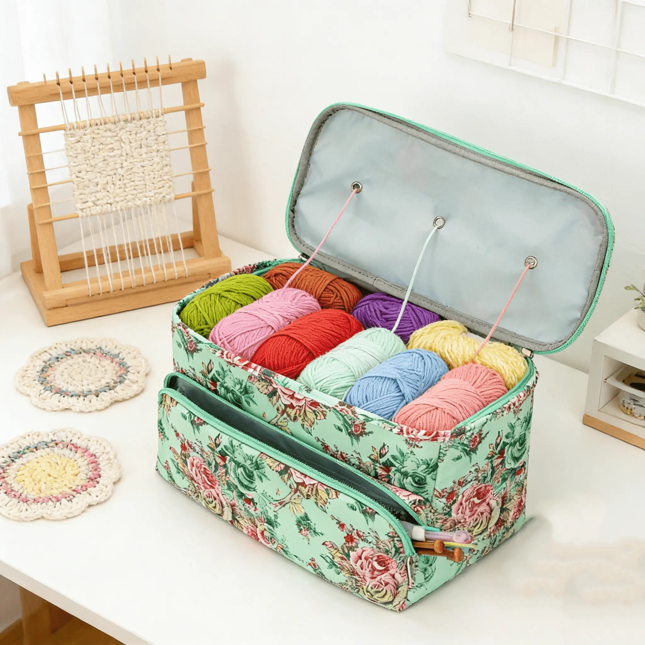 Large Capacity Knitting Yarn Storage Bag - Cuboid Tote Holder Case with Zippered Closure, Tangle-Free Slots, 14-Inch Knitting Needle/Crochet Hook Pocket, Cute Design, Handle for Easy Carry, Ideal for Home Storage/Travel, Great Gift for Beginner Crocheters