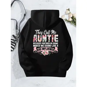 Women's 'They Call Me Auntie' Graphic Floral Print Long-Sleeve Pull-On Polyester Hoodie, Casual Fitted Pullover, Lady's Top Sweatshirt, Ideal Birthday Gift, Hoodies For Women, Long-Sleeve Women's Hoodies