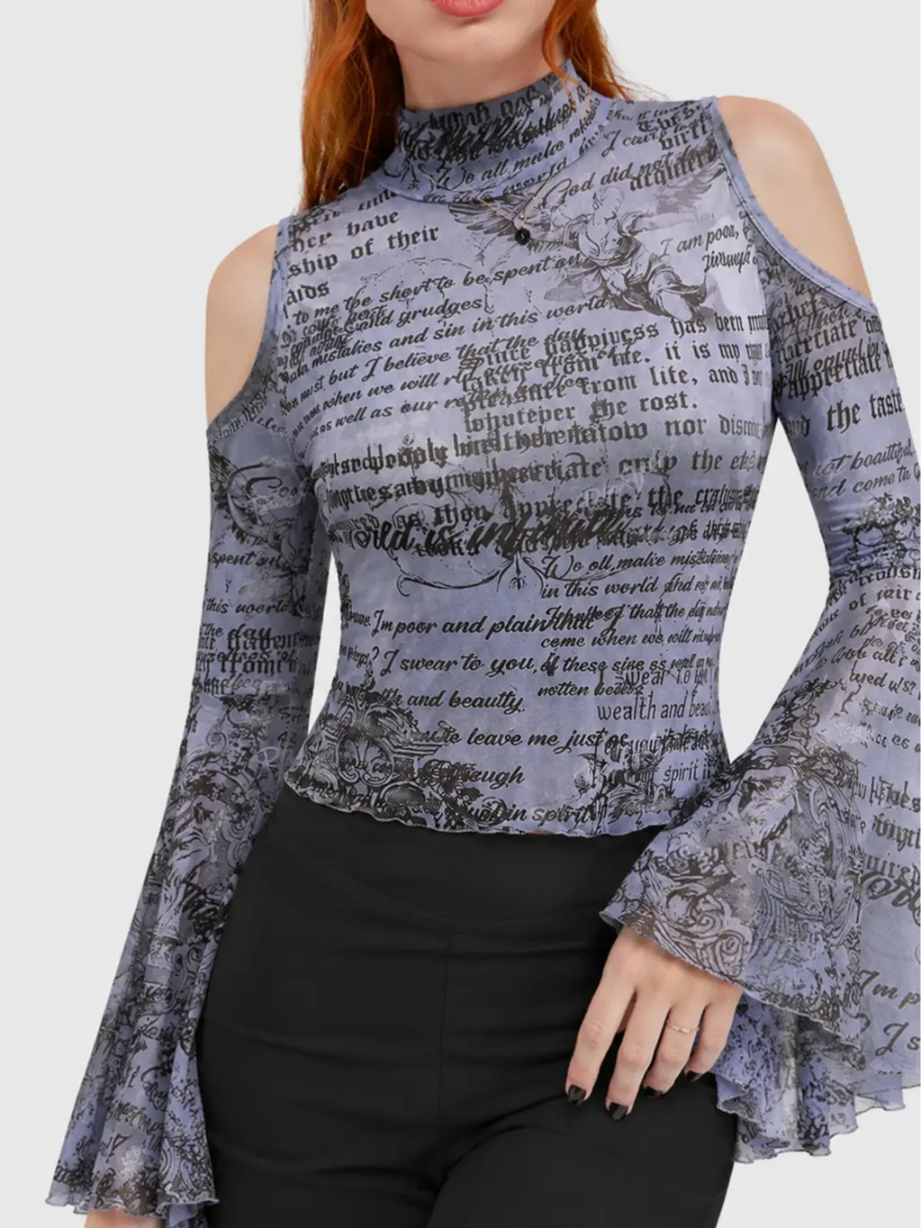 Rgothic Plus Size Gothic Angel Motifs and Letters Graphic Tee for Lady with Mock Neck and Cold Shoulder Cutout Detail Style, Statement, Dark Romance