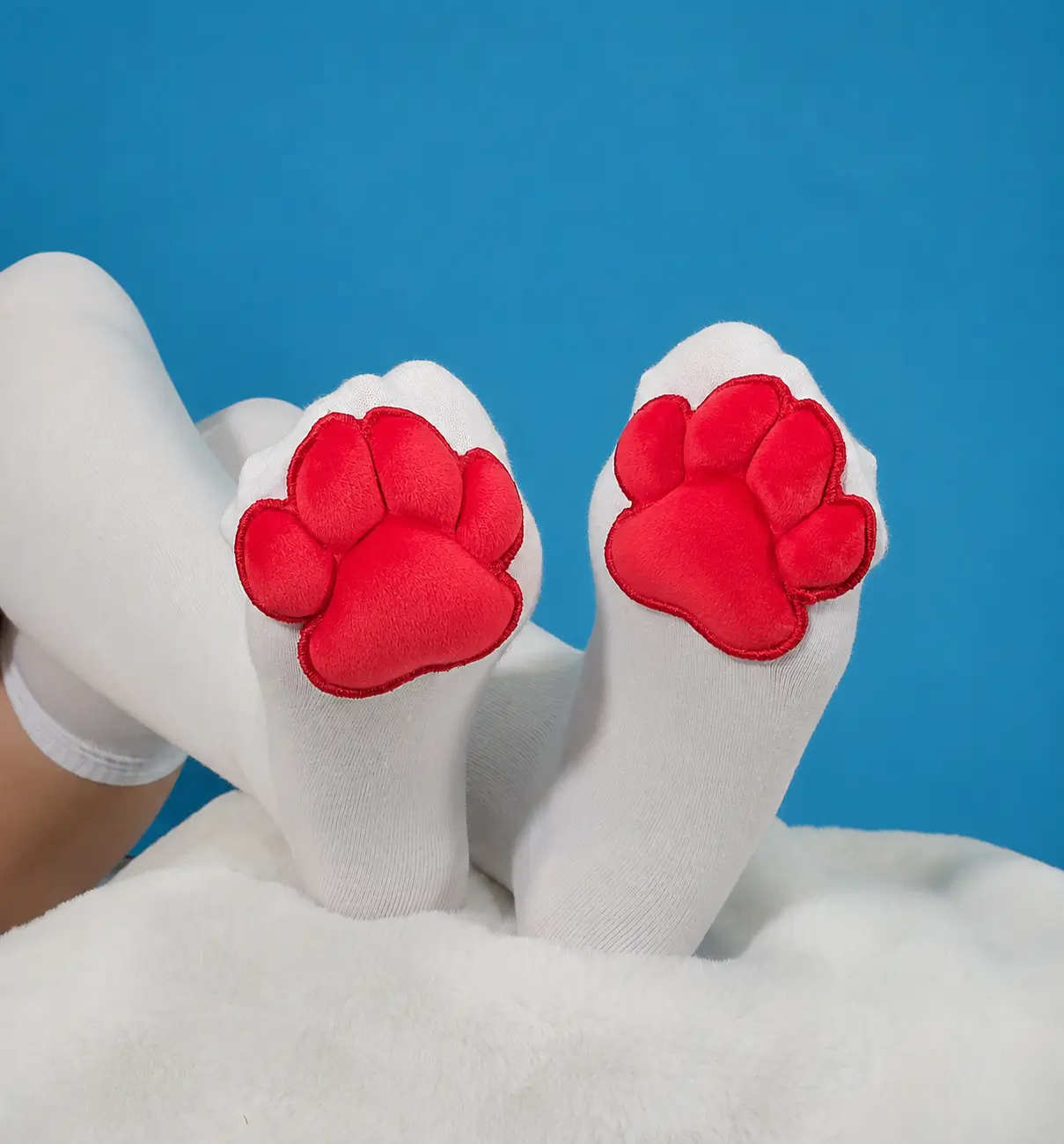 Plush Red Cat Paw Pad Bean White Thigh High Stockings for Furry Cosplay