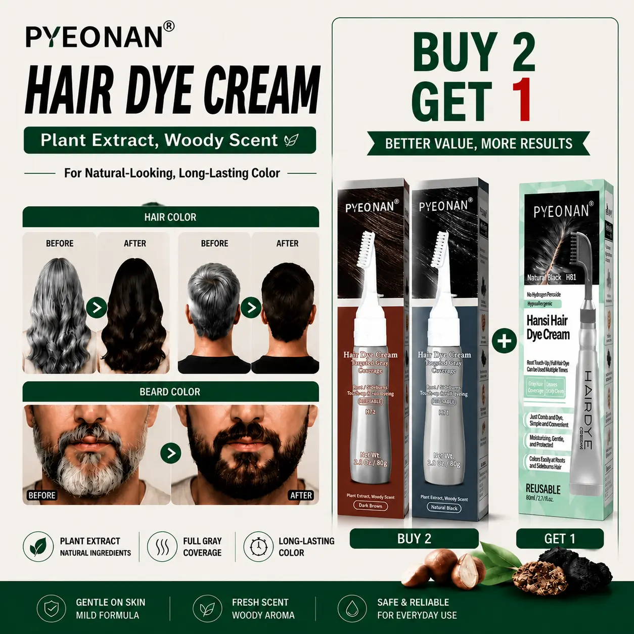 PYEONAN Unisex hair dye Cream, Herbal Extracts for Gray Hair, Touch-up & Full Coverage, No Blending Required, 2-in-1 for Gray Coverage and Hair Care, Transform Grays to Black or Dark Brown Naturally Hair color 2.8 Oz./80g Springtok Haircare  Woody Scent