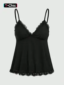 Women's Solid Color Camisole Tank Top, Womenswear, Casual Fitted Sleeveless, V-Neck Lace Trim, Adjustable Spaghetti Straps, Sleeveless, Flared Hem, Soft Breathable Fabric, Fitted, Loungewear & Layering Wear, Feminine Delicate Style, Piece