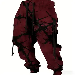 Men's Purple Thorn-Print Cuffed Joggers - Edgy Gothic Streetwear Trousers, Drawstring-Waist Loose-Fit Stretch Knit Polyester Sport Pants