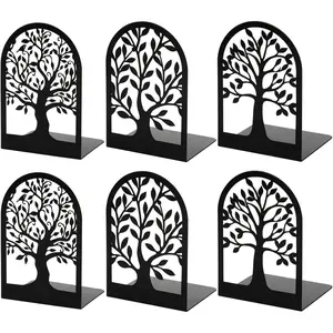 Book Ends, Metal Bookends for Shelves Decorative, Tree Stopper for Heavy Books, Black Ends to Hold Books for  Office, 6.5 X 4.7 X 3.5 Inch(3 Pairs/6 Pcs, Large)