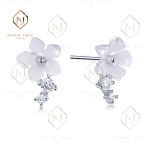 White Flower Petal Pearl Studs With Moissanite