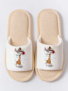Funny Giraffe Print Open Toe Slippers, Soft Eva Sole, Non-Slip Breathable Home Floor Shoes, All Seasons Casual Textile Linen
