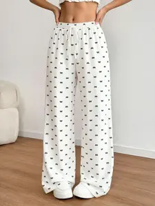 Women's Bow Print Wide Leg Pants, Coquette French Style High Waist Drawstring Trousers, Casual Loose Fit Loungewear Bottoms (White)