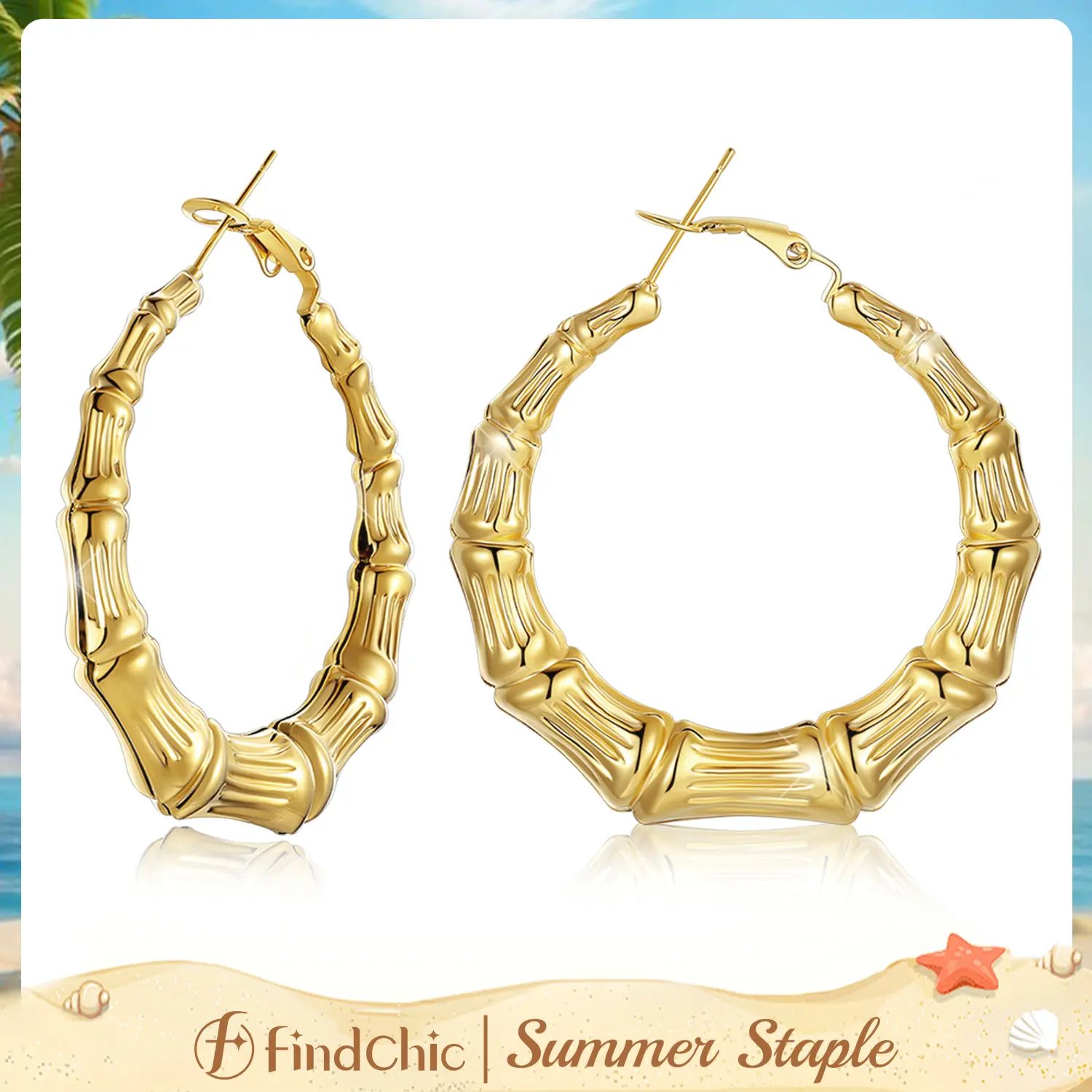 FindChic 14K Gold Plated Bamboo Chunky Lightweight Hoop Earrings for Women Hypoallergenic Stainless Steel Black Silver Gold Plated Daily Casual Large Big Oversized Statement Hoops Earrings Jewelry Gift for Women Girls #tiktokshopsummersale